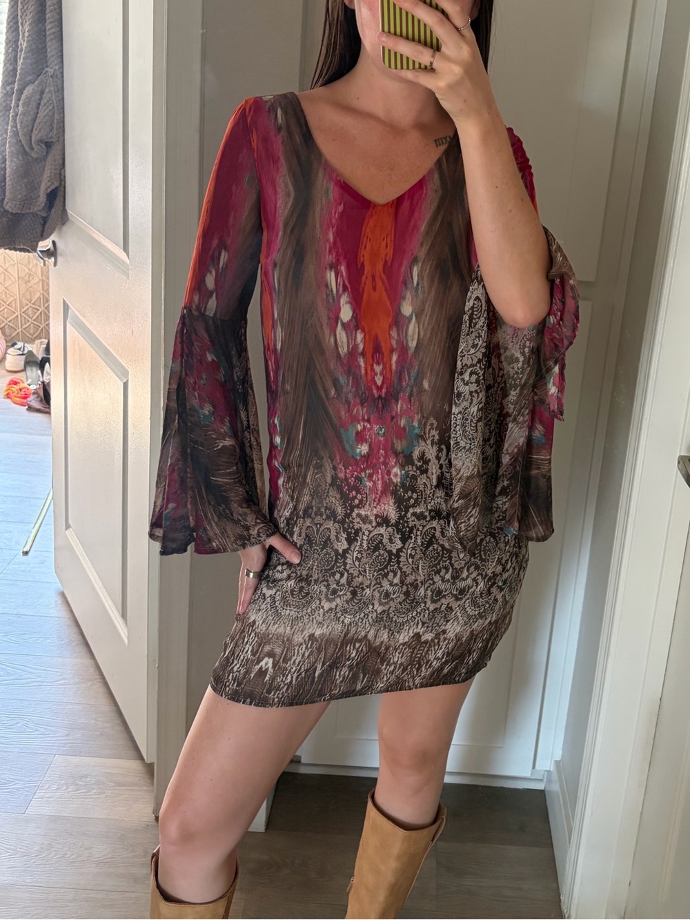 Boho Bell Sleeve Printed Mini Dress XS/S